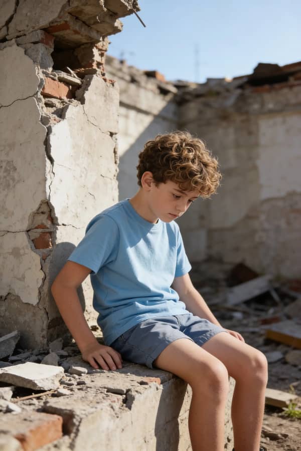 Boy sitting on ruins