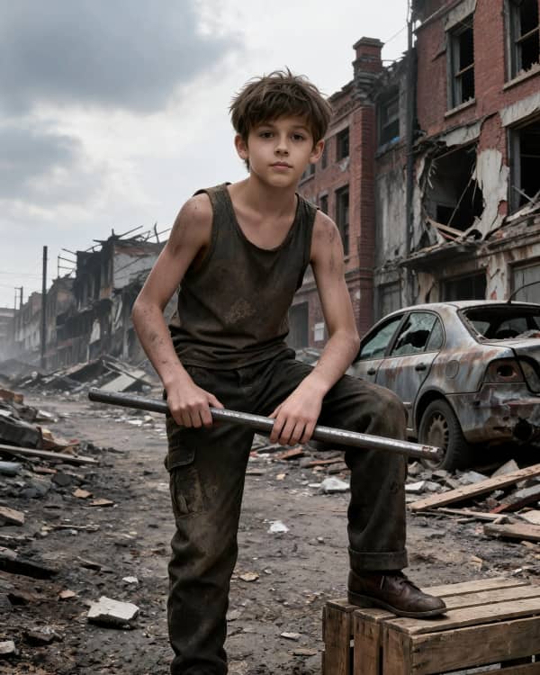 Boy in city ruins