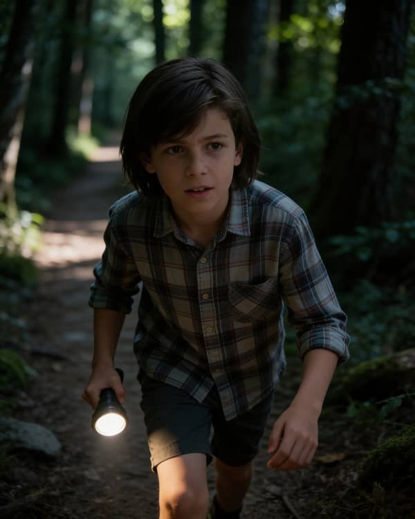 Boy with flashlight in forest