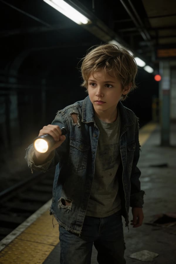 Boy with flashlight in subway