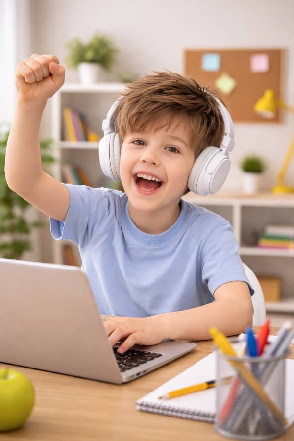 Boy with headphones at laptop