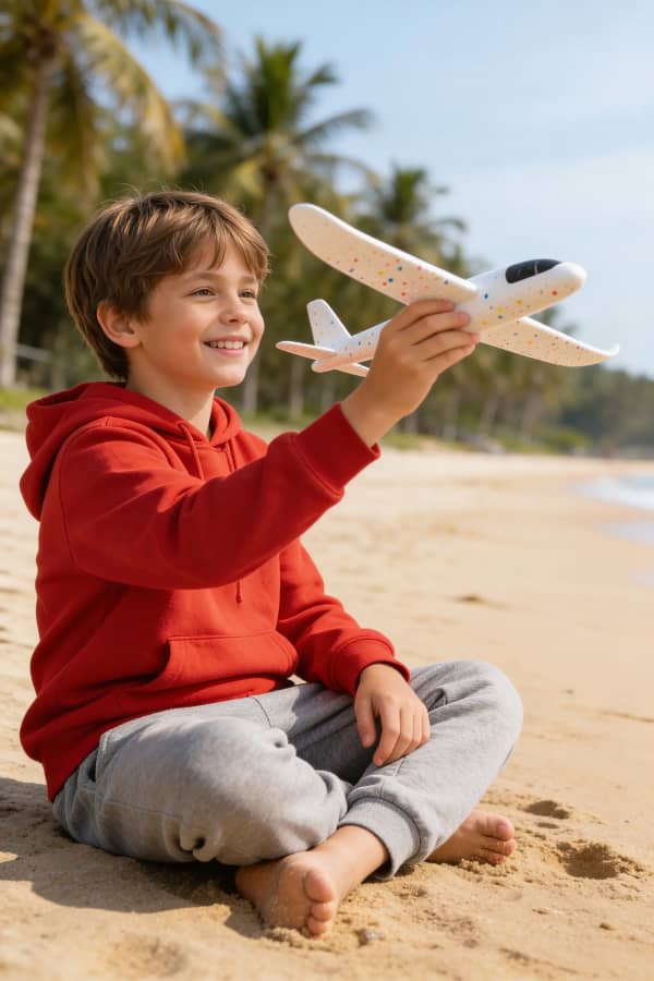 Boy sitting with toy plane on sand