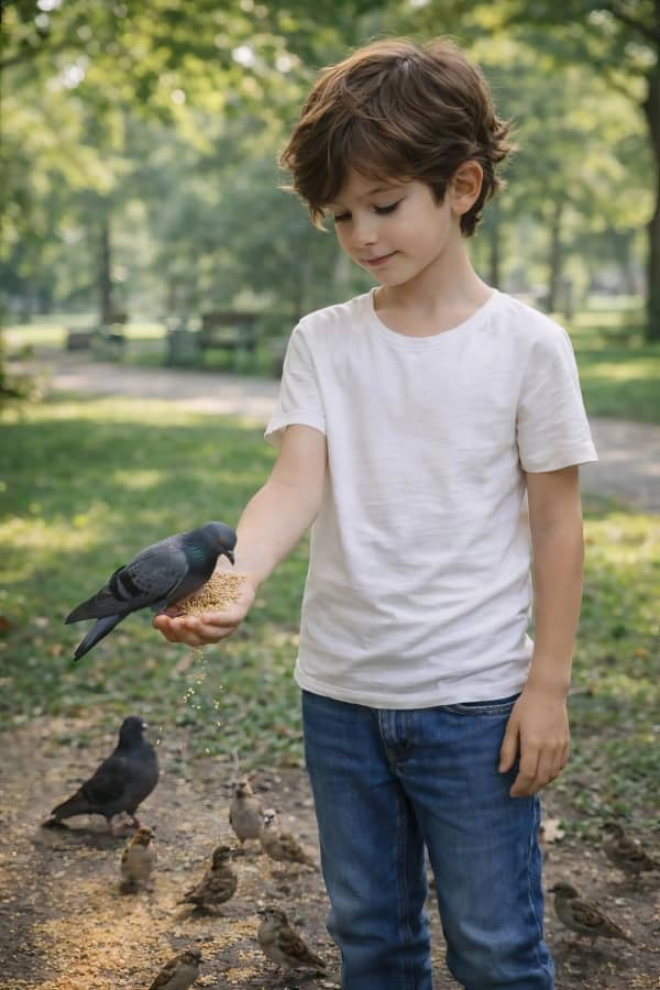 Boy feeding pigeons