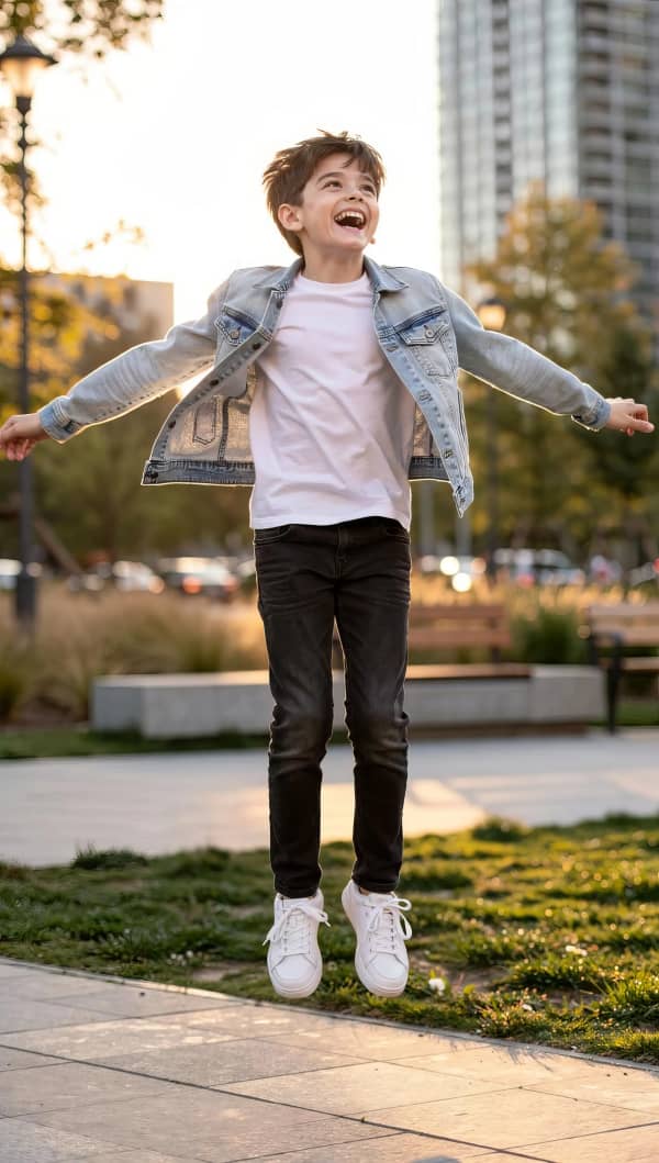 Boy walking outside building