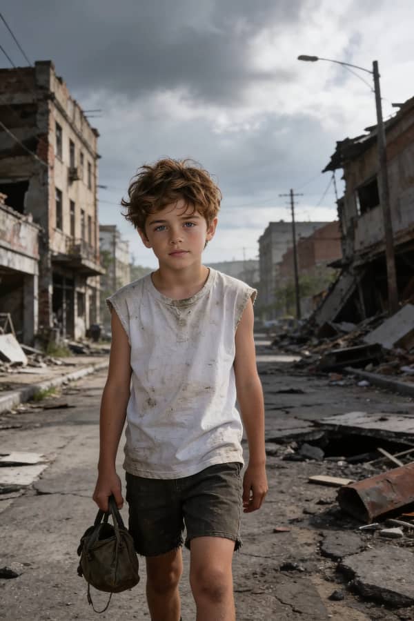 Boy walking in ruins