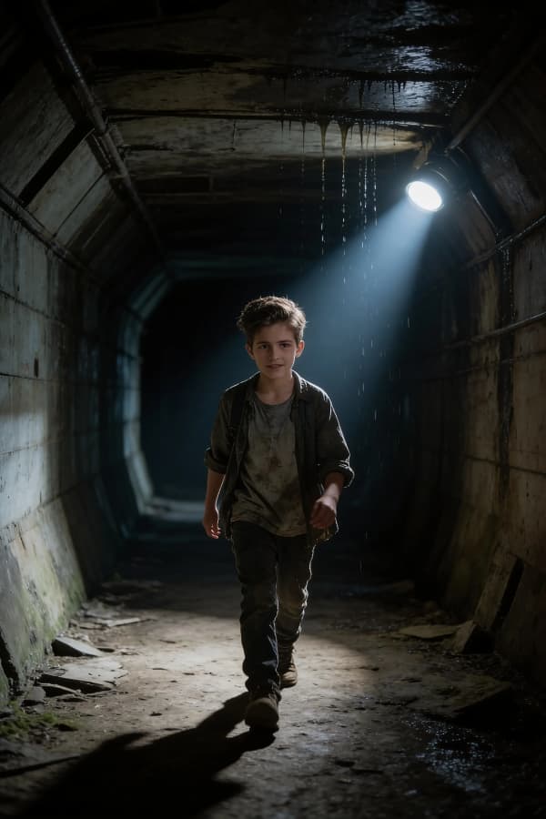 Boy in dark tunnel