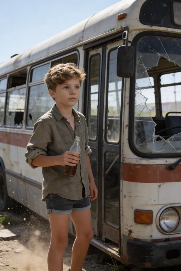 Boy by abandoned bus
