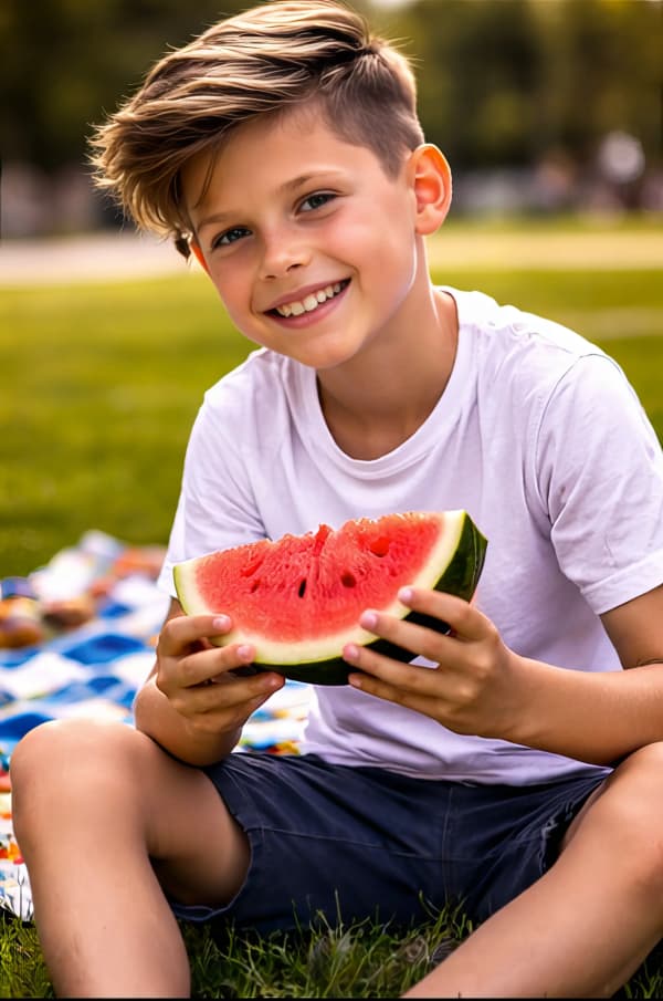 Boy eating watermelon slice