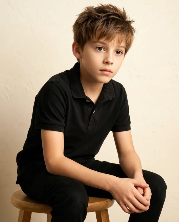 Boy in black polo sitting