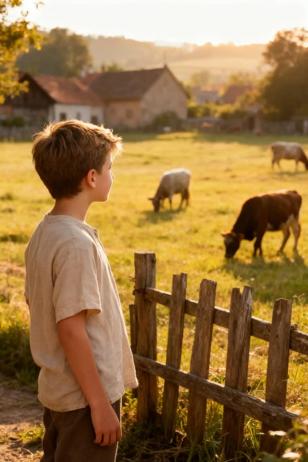Boy watching cows