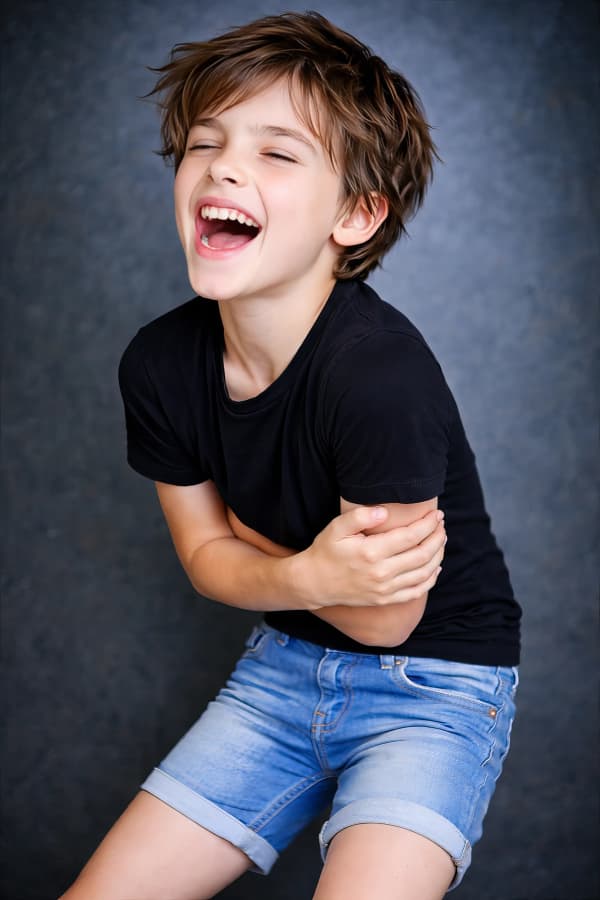 Boy Laughing Pose In Dark Studio