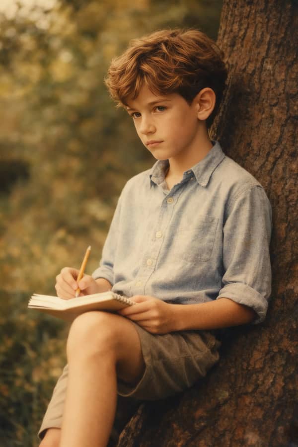 Boy writing leaning on tree