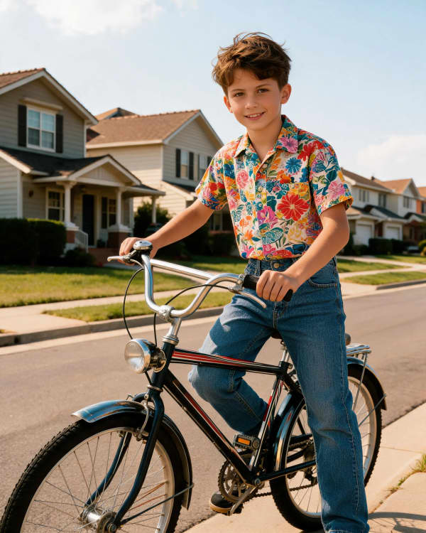 Boy riding bicycle on street