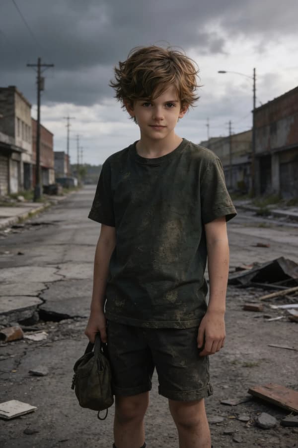 Boy in destroyed street