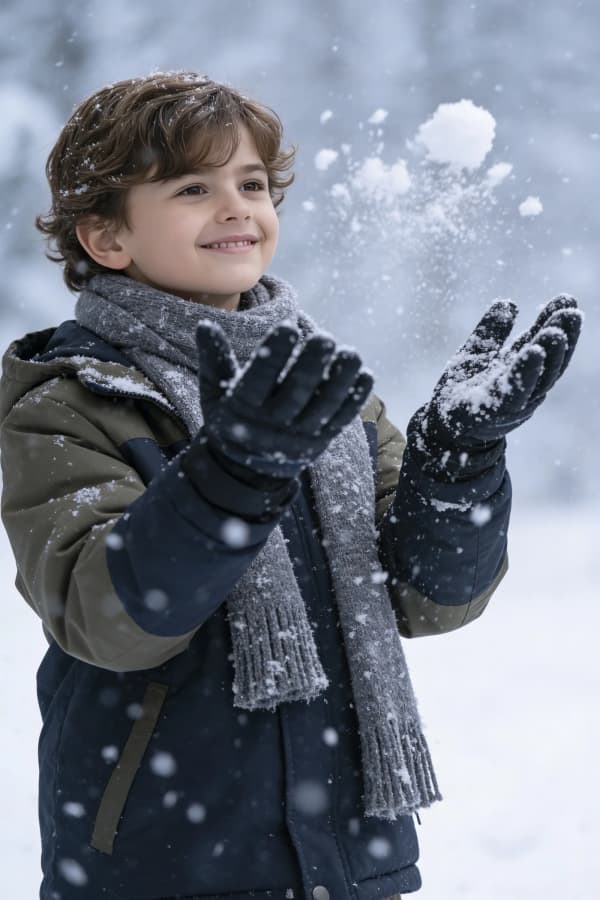 Boy catching snowflakes