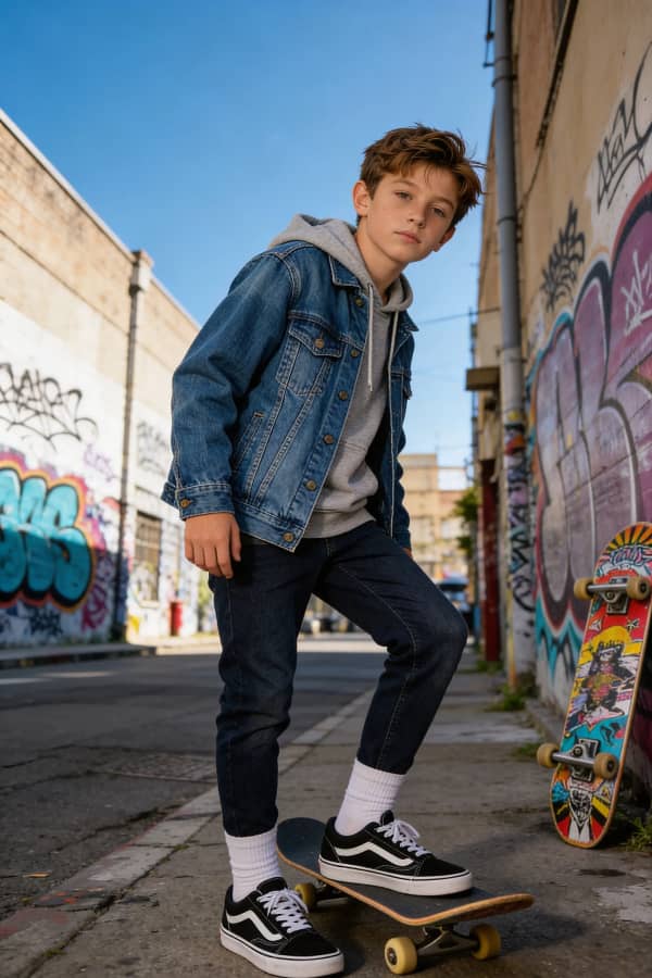 Boy with skateboard on street