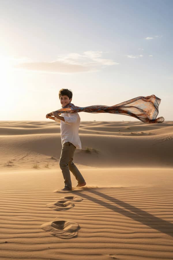 Boy walking on sand dunes