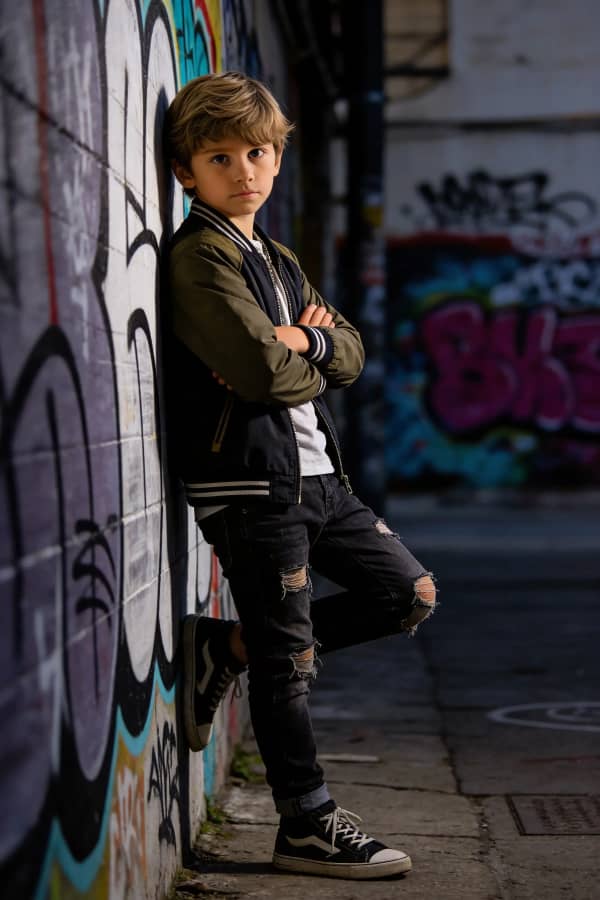 Boy with basketball by graffiti