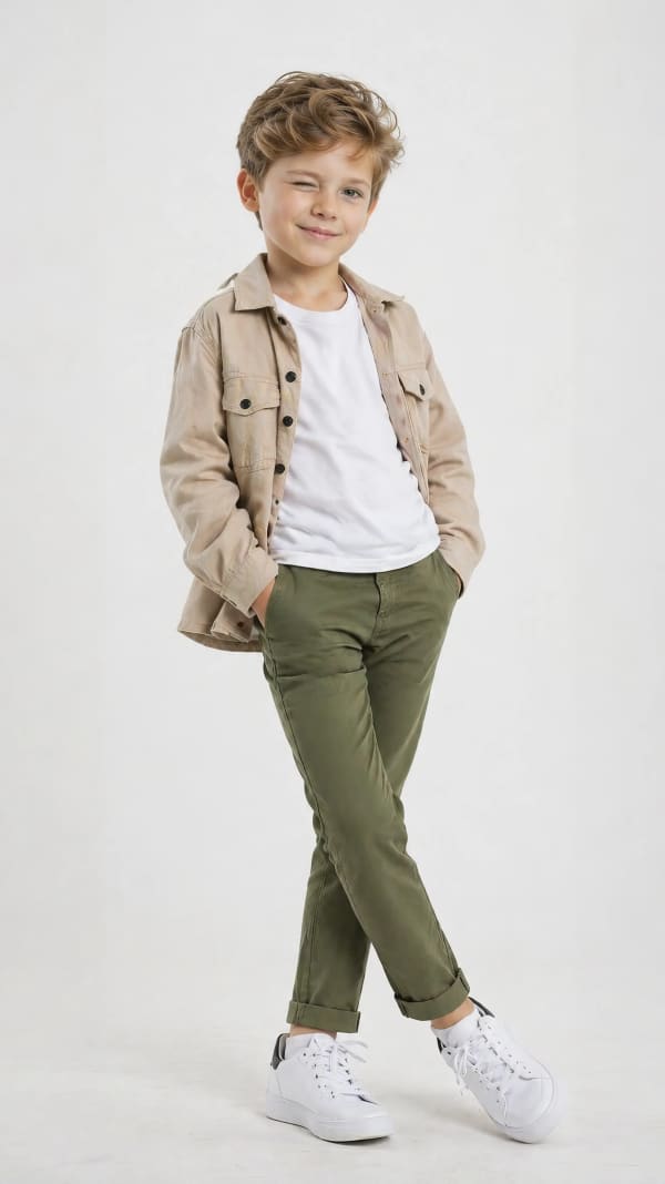 Boy standing against white wall