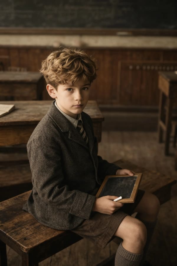 Boy in vintage classroom