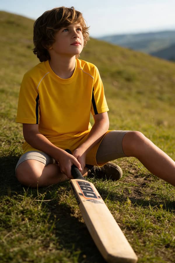 Boy lying on grass with bat