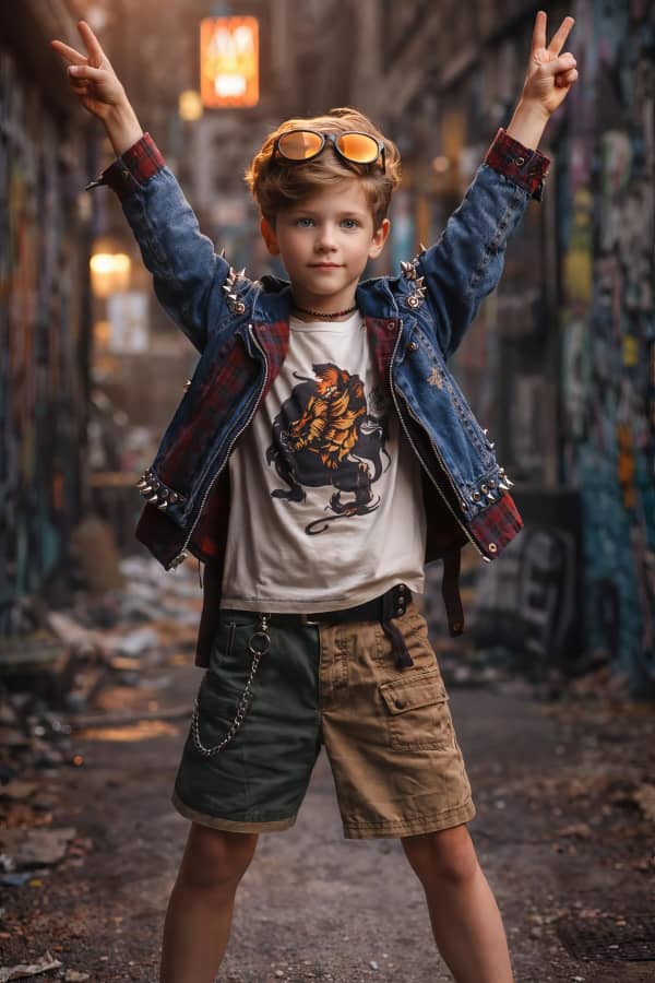 Boy by classic car