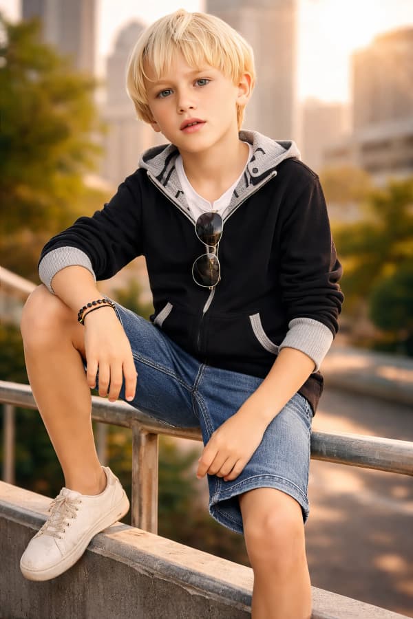 Boy sitting on stone steps