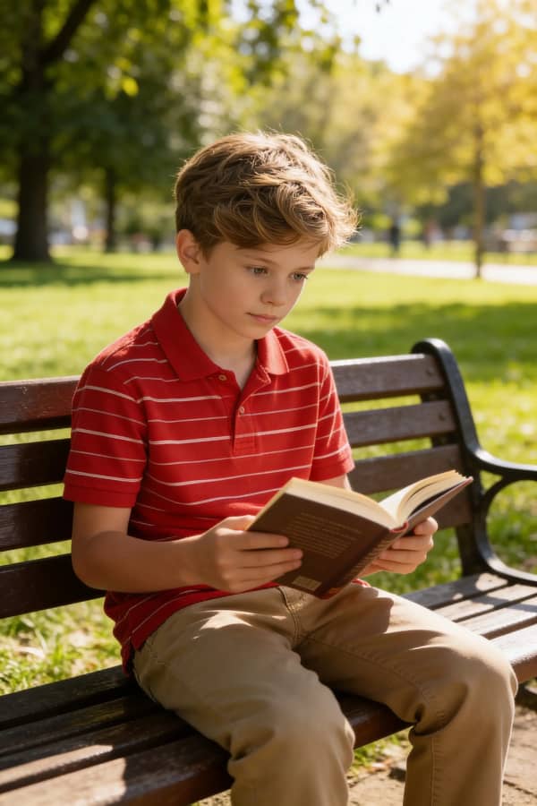 Boy reading on bench