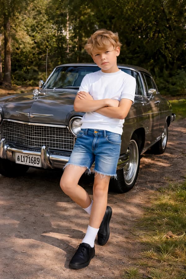 Boy next to vintage car