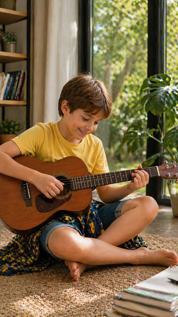 Boy playing guitar indoors