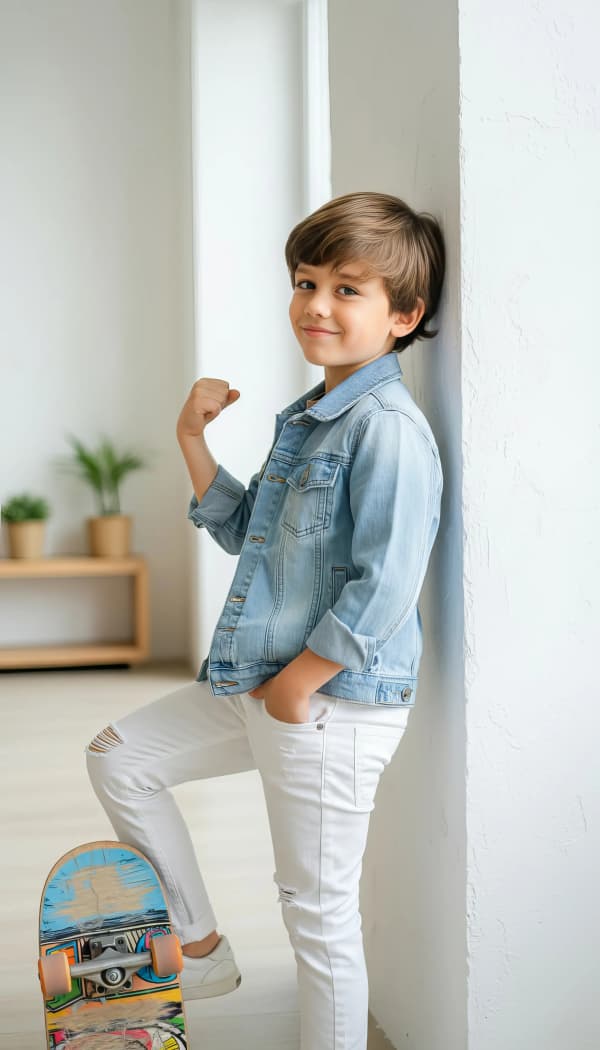 Boy Standing Pose Next To Potted Plants