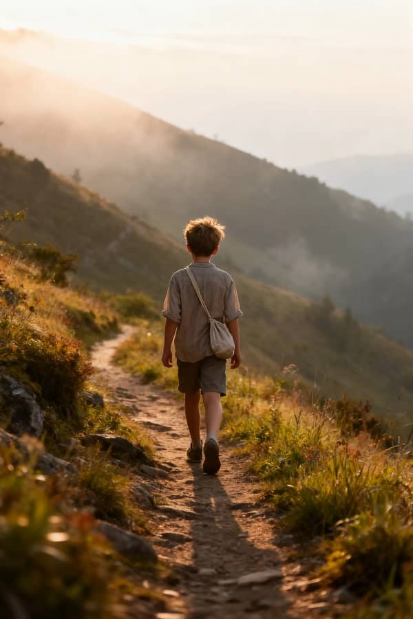 Boy walking on mountain path