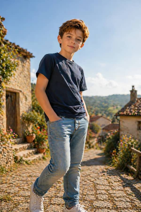 Boy on cobblestone street