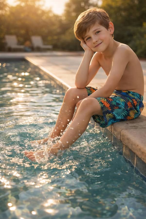 Boy sitting by pool