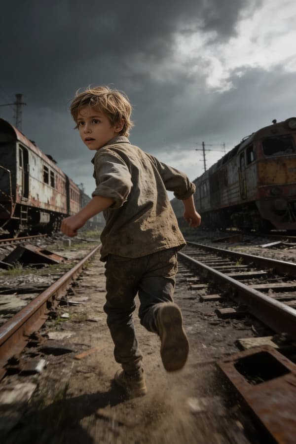Boy running on train tracks