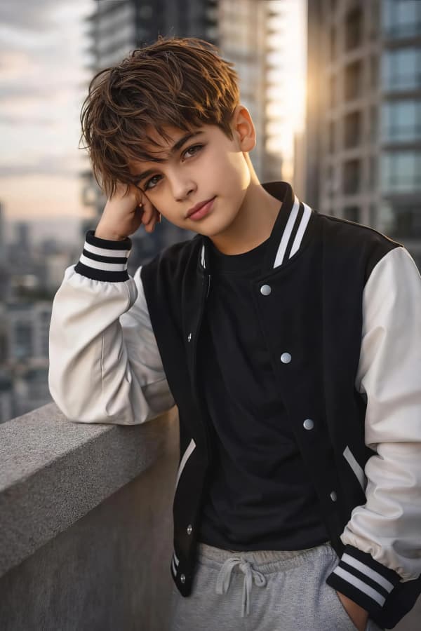 Boy leaning on city balcony