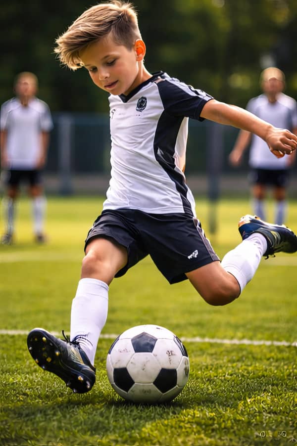 Boy kicking soccer ball