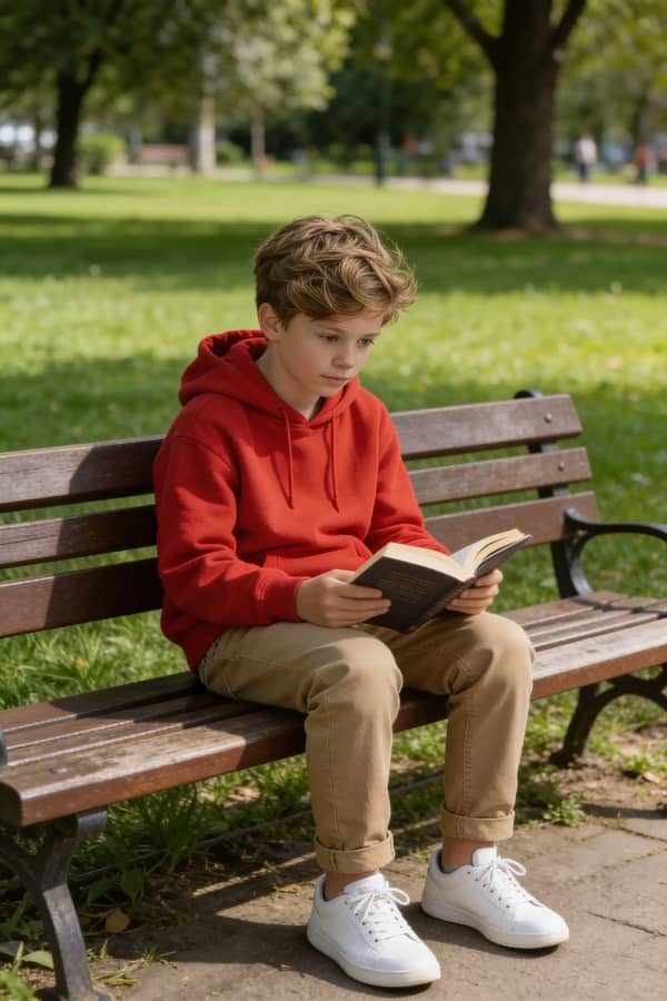 Boy sitting on red bench