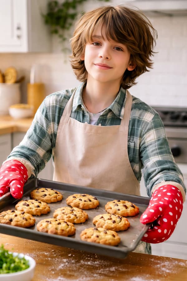 Boy holding tray of cookies