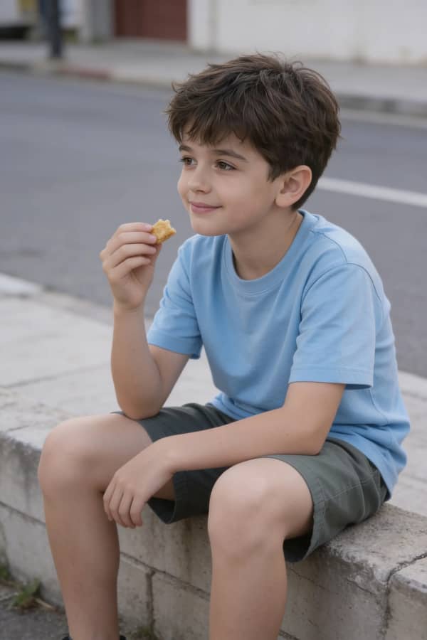 Boy eating on curb