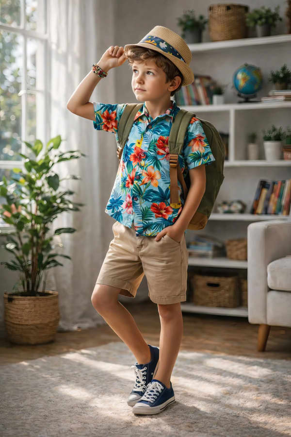Boy pointing indoors