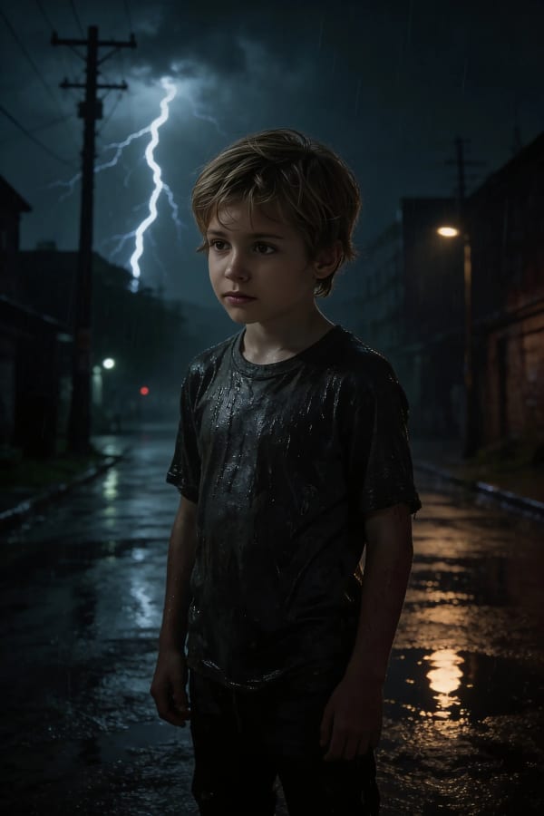 Boy in street with lightning