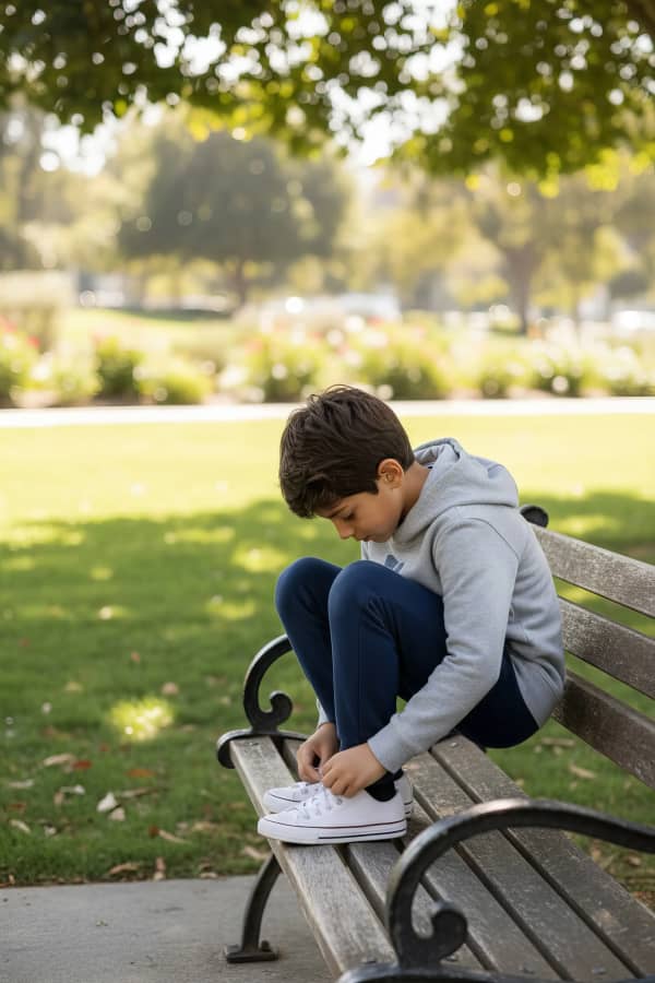 Boy reading on park bench