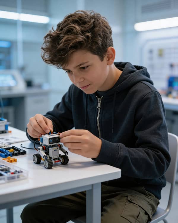 Boy building robot