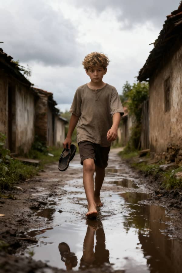 Boy walking on muddy village path