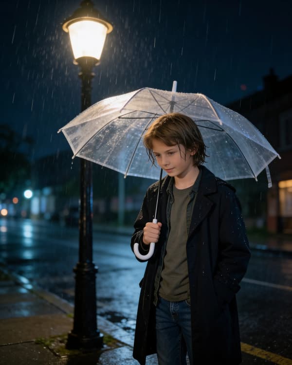 Boy with umbrella in rain