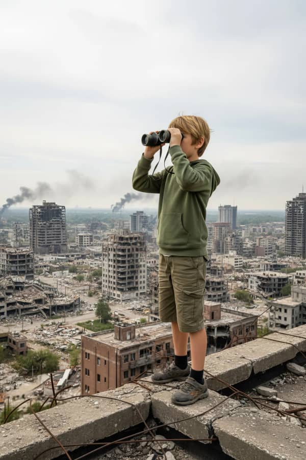 Boy with binoculars on roof