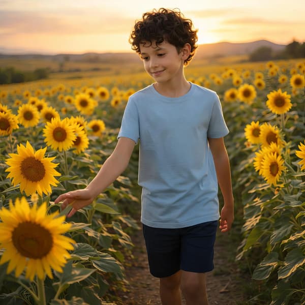 Boy in sunflower field