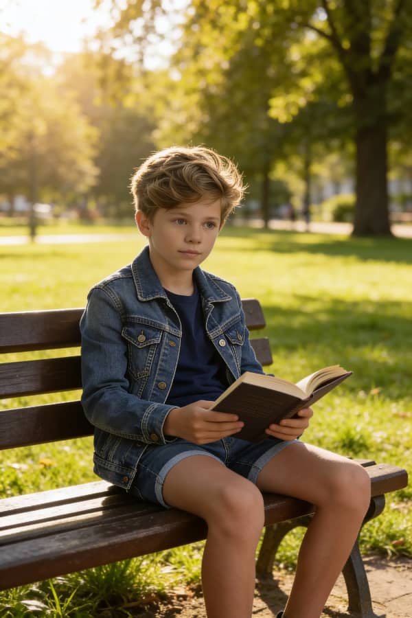 Boy sitting on bench in park