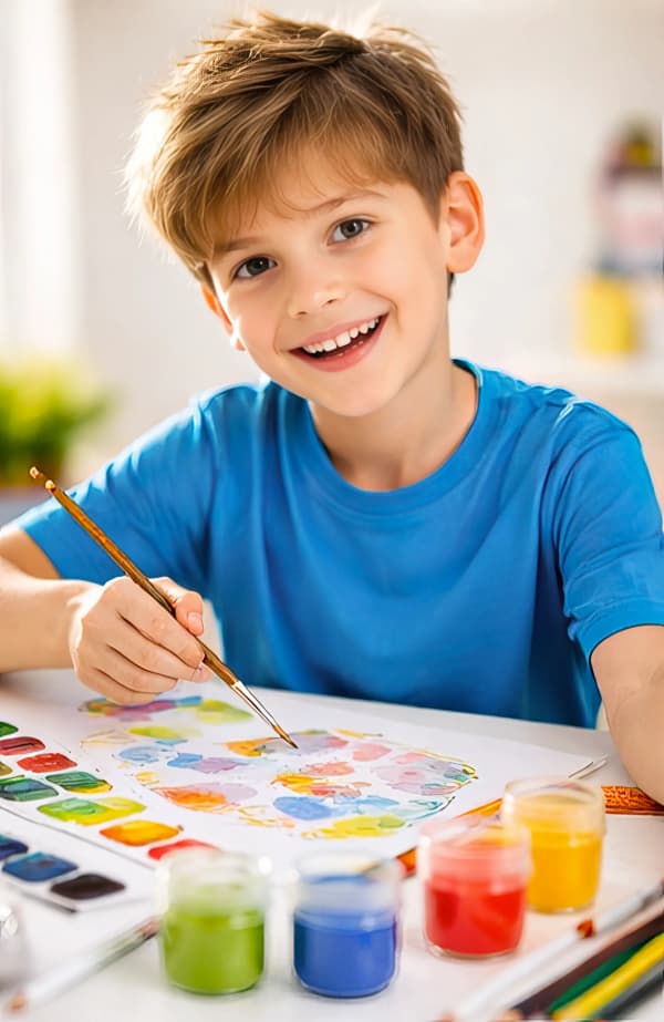 Boy painting at desk